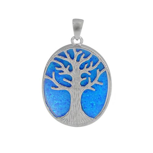 Blue Fire Opal Oval Pendant with Sterling Silver Tree of Life